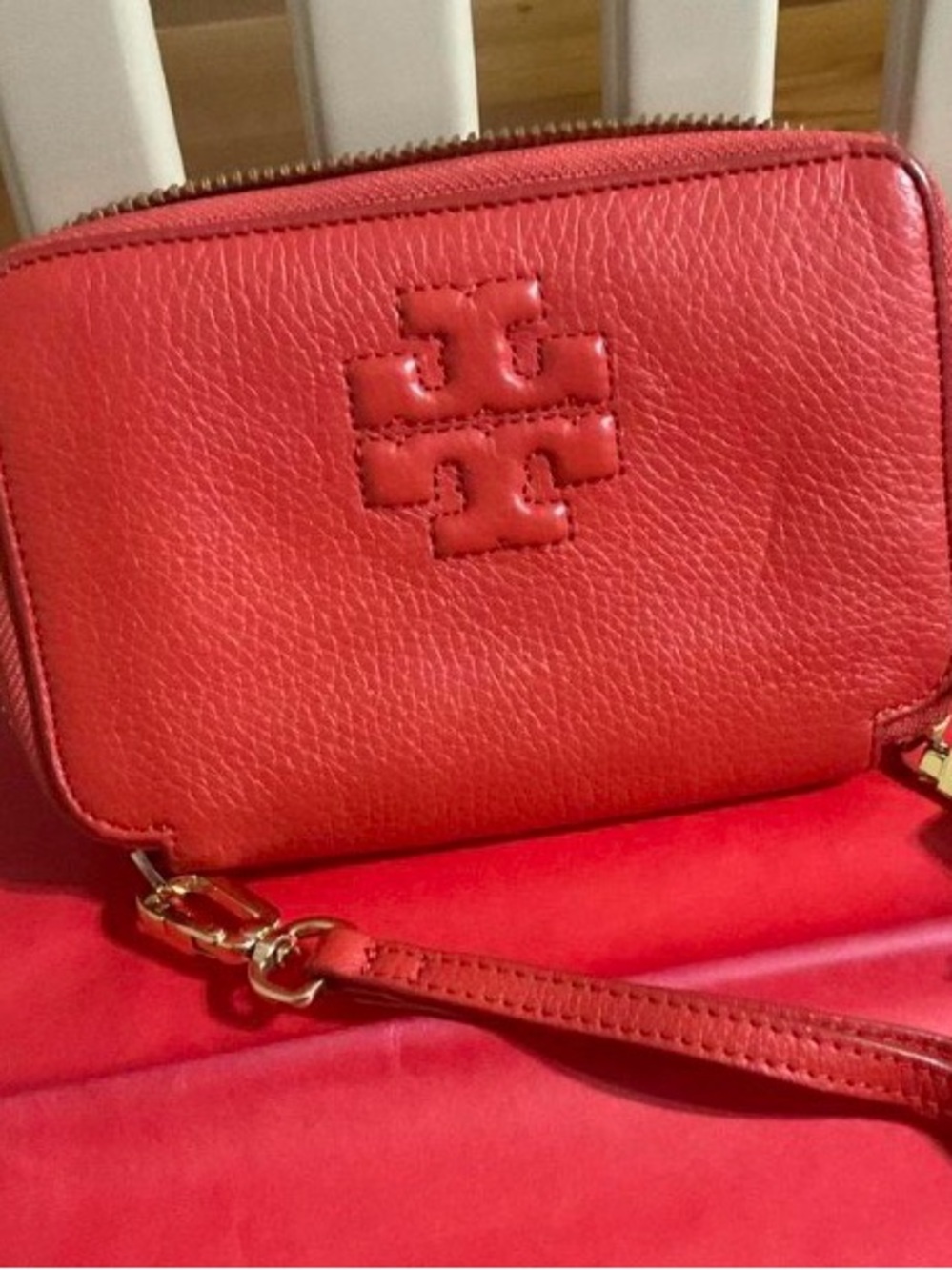 Tory Burch Red Pebbled Leather Wristlet with Logo